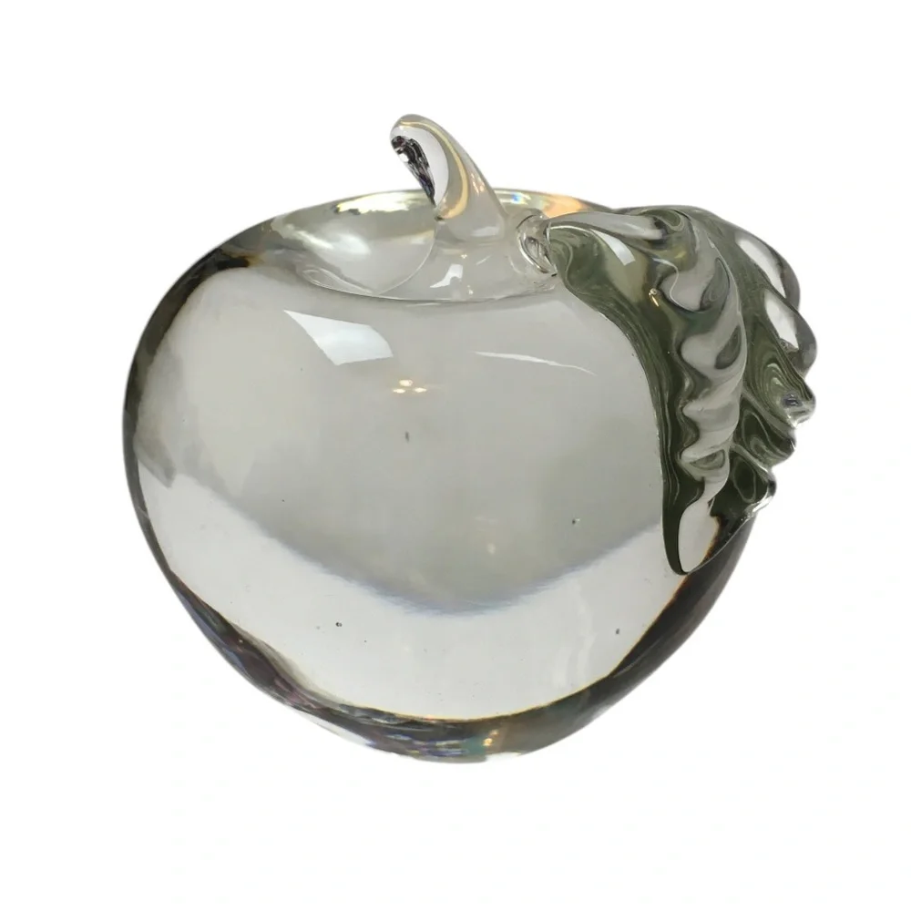 VINTAGE Clear Glass Apple Paperweight MCM Heavy Textured Leaf Desk Office Decor